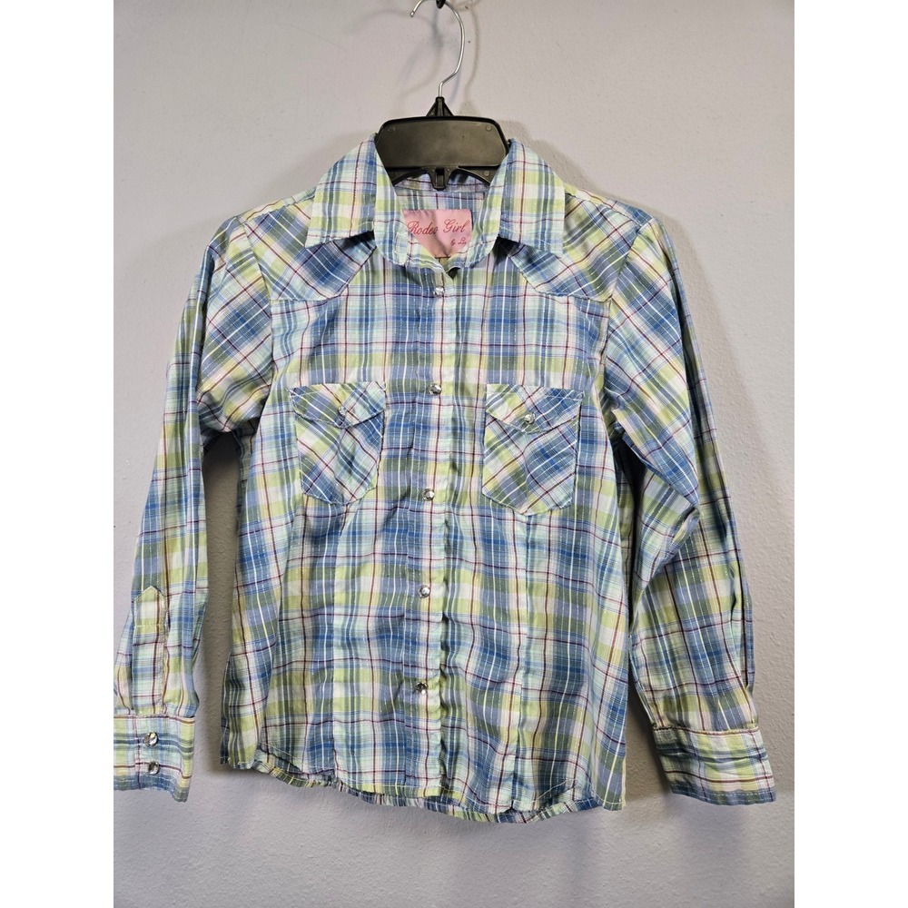 Rodeo Girl Plaid Western Snap Cowgirl Shirt Blue Green Kids Size 12/14